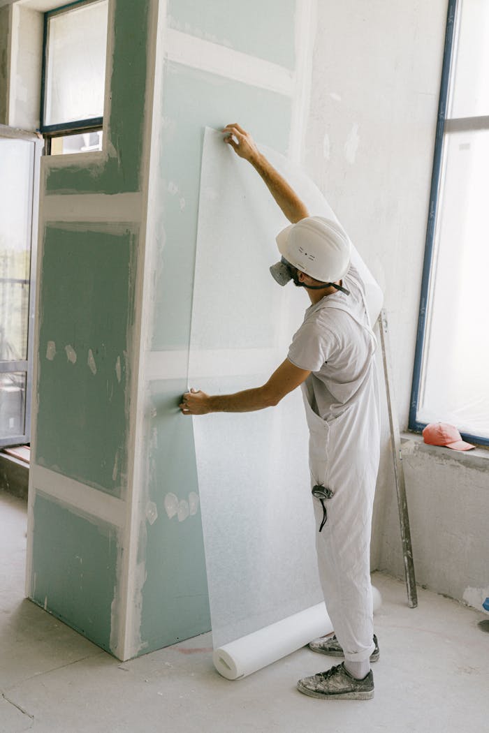 brand-02 Construction worker in hard hat applying wallpaper inside a building under renovation.